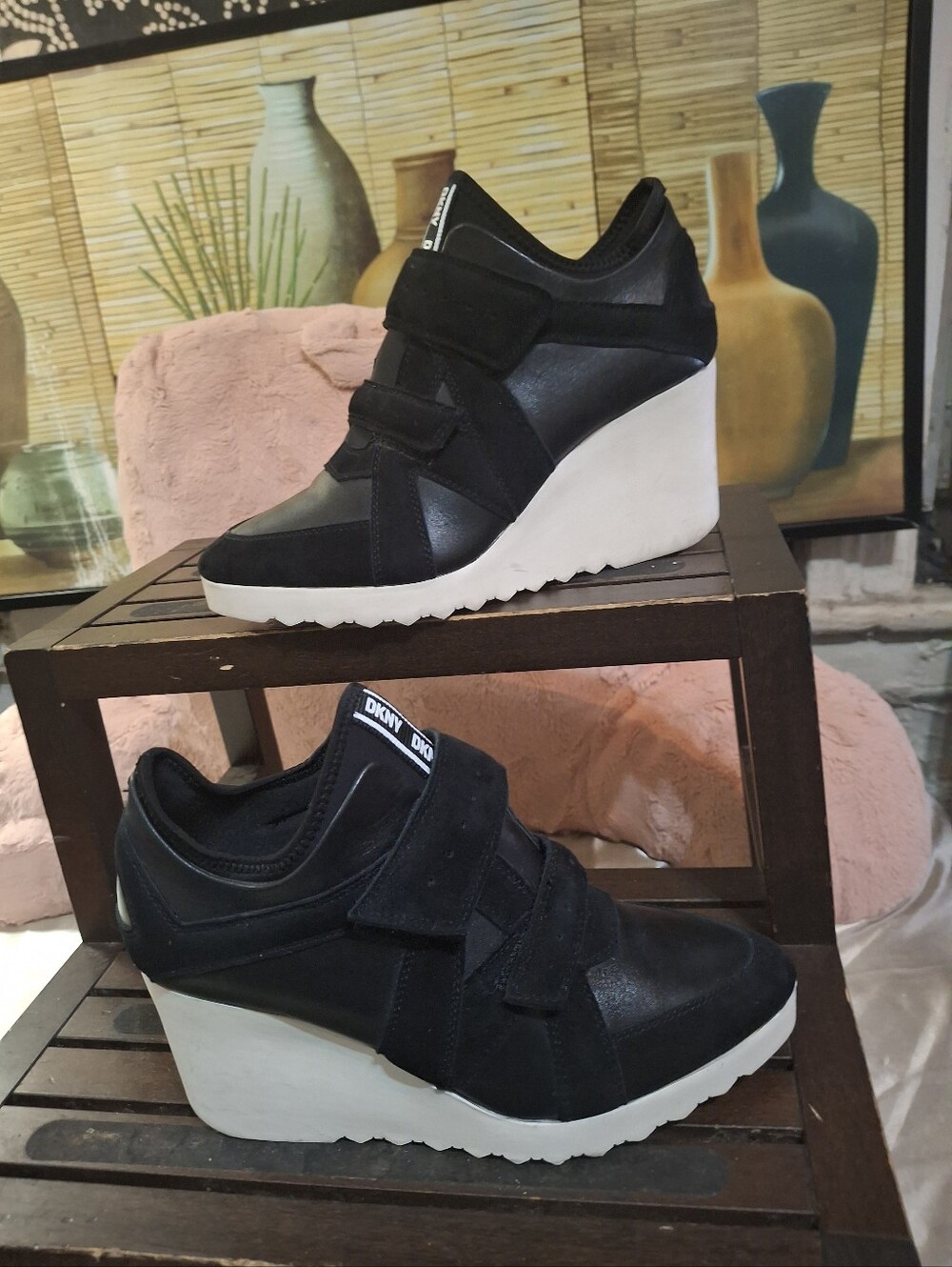 DKNY Black Wedge Sneakers with White Platform